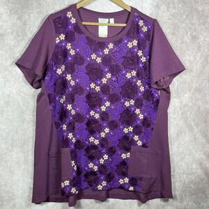 LOGO Lounge Tunic Top Womens XL Purple Lace Crochet Floral Short Sleeves Pockets